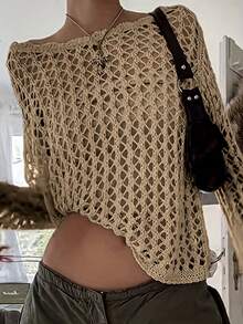 Women Loose Hollow-Out Lace Casual Beach Cover Up - Khaki - View 1