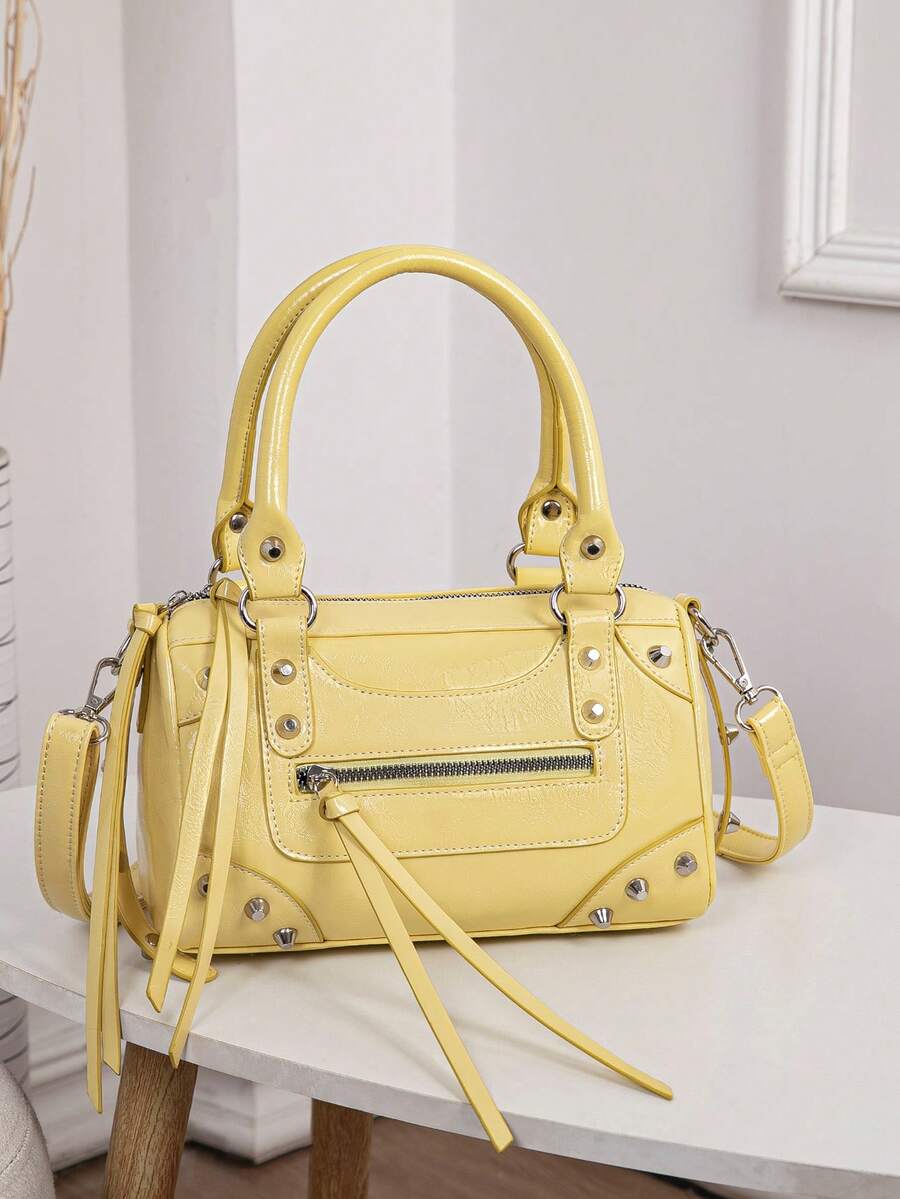 1pc Fashionable Coffee Color Patchwork Rivet, Embedded Metal Rivet, Embedded Dual Handle Adjustable Long Shoulder Strap Design, Fashionable Retro Sweet Cool Style Motorcycle Bag, Women's Handbag, Casual Low-Key Luxury Style, Women's Crossbody Bag, Suitable For Daily Outings And Shopping - Yellow - View 1