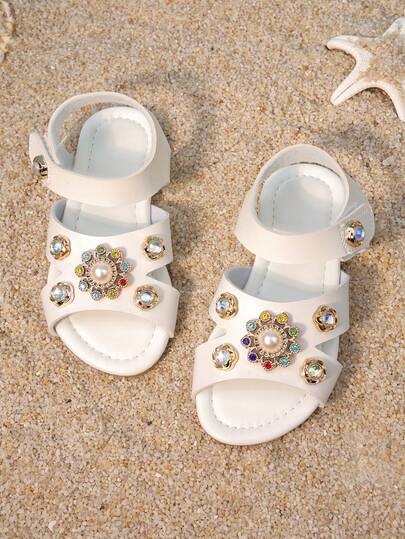 1 Pair Of Girls' Open-Toe Sandals, Decorated With Colorful Rhinestone Pearl Flower Elements, Made Of PU Material, Soft And Easy To Wear, Low-Cut Design, With Hook And Loop Straps, Flat Heel Style, Dreamy Sparkling Diamond Element Shoes, Suitable For Daily Wear And Wedding Banquets