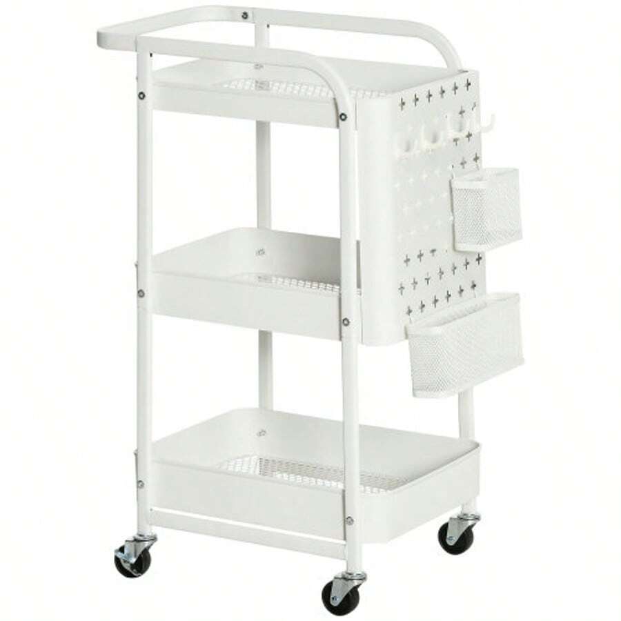 HOMCOM Rolling Cart With Drawers, 3-Tier Kitchen Shelf With Wheels For Kitchen And Office, White Steel, 51.5 X 32 X 75.6 Cm - White - View 1