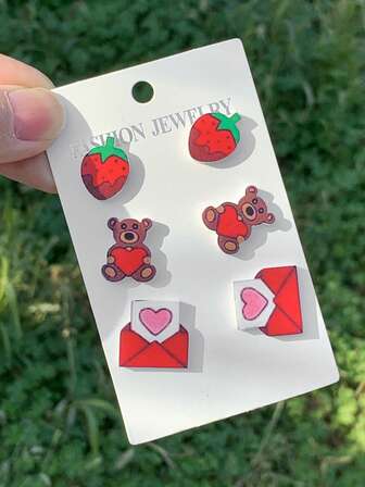 3 יח'\סט עגילי אקריליק עם מכתבי אהבה בסגנון תות דוב מצוירים, עגילי תכשיטי יום האהבה לנשים, אופנתי ללבוש יומיומי