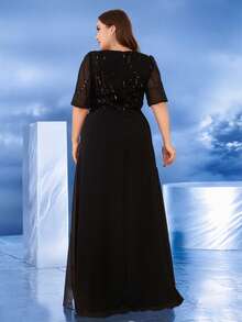 XUIBOL Plus Size Sequined Accent Mesh Cocktail Evening Dress Black Elegant Formal Prom Wedding Guest Gown, For Graduation, Dinner - Black - View 2