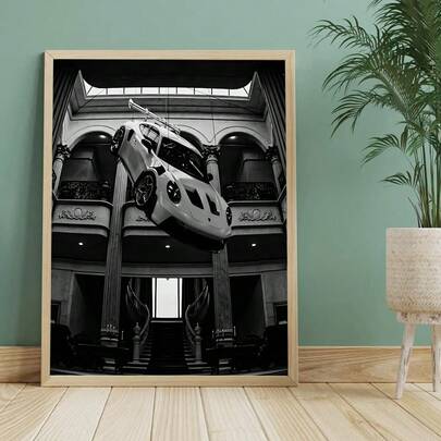 1pc Retro Flying Car Poster - Black And White Nostalgic Car Wall Art, Luxurious Minimalist Design Paired With White Flying Sports Car And Luxury Interior Background, Frameless Canvas Print Suitable For Home, Office, Cafe, Bedroom, Bathroom Decoration - Medieval Modern Style, Style Decoration, Salute To Aviation Theme Enthusiasts