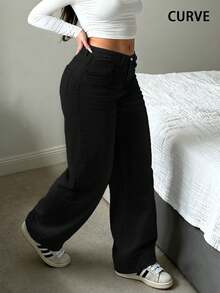 Quần jeans nữ dáng suông, cạp trung, rộng rãi, thoải mái, co giãn, cỡ lớn, kiểu dáng thường ngày, phong cách đường phố Châu Âu và Mỹ, màu đen, thích hợp cho mùa xuân. - màu đen - Xem 3