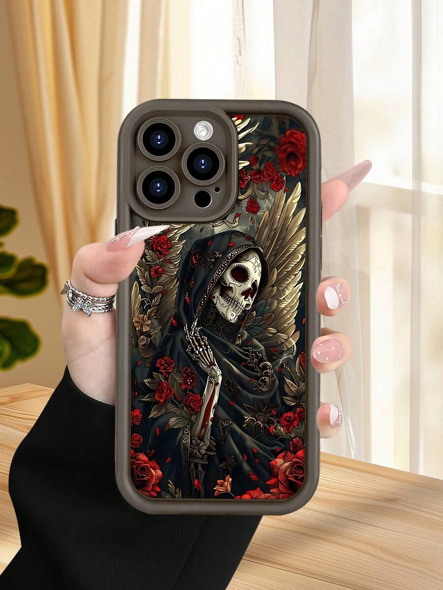 1 pieza Funda de teléfono con diseño de calavera alada y rosas para Día de Muertos TPU soft case, protección completa antideslizante y anti-caída, compatible con iPhone17 ProMax/16/15/14/13/12/11/Plus/Pro/ProMax, compatible con Galaxy A34/A35/A54/A55, Galaxy S20/S21/S22/S23/S24/S25 Ultra/Plus, compatible con Galaxy/Redmi/Honor/OPPO/ViVo - Marrón - Ver 1