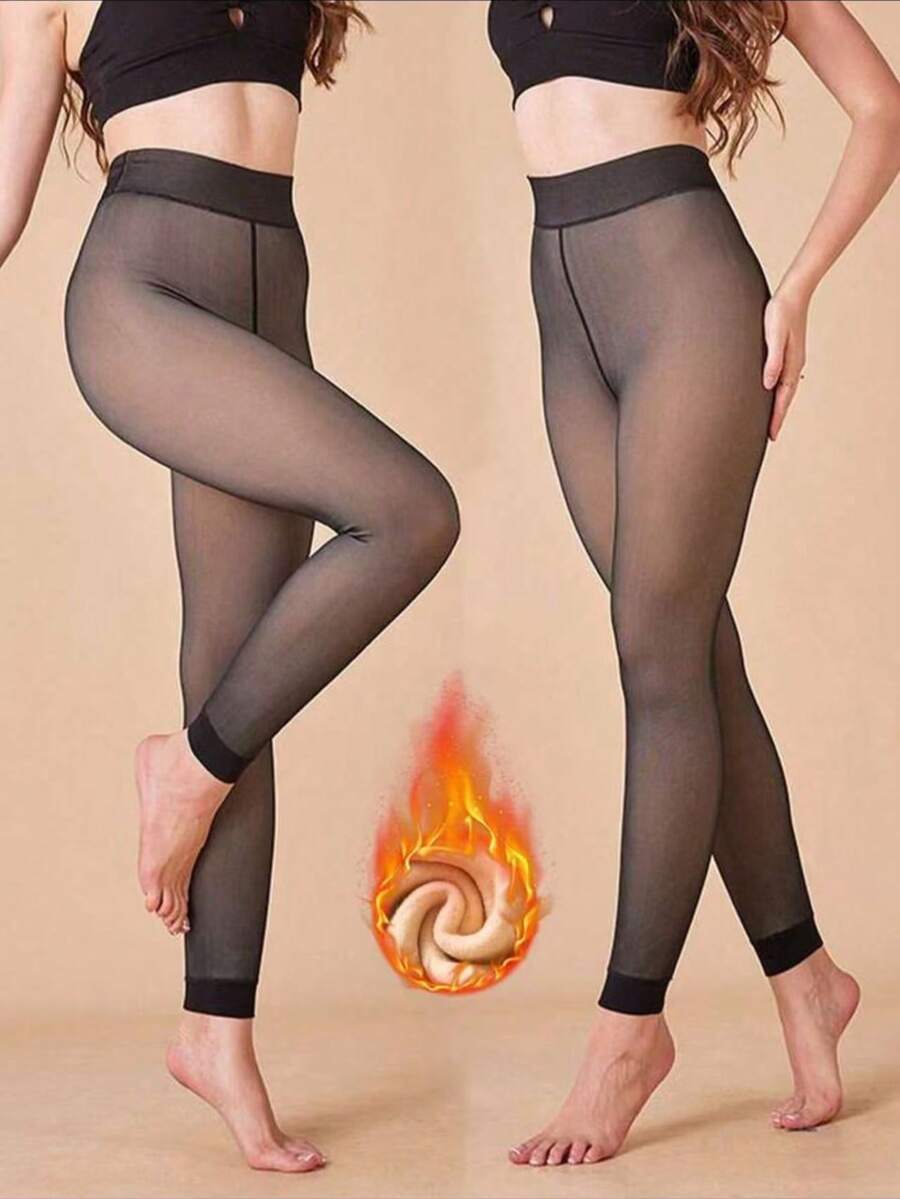 1 buc. Colanți pentru femei cu căptușeală călduroasă, groși de 220 g, pantaloni skinny semi-transparenți, lungime 3/4, colanți termici moi din fleece, potriviți pentru purtare zilnică, lenjerie intimă de mireasă (potriviți pentru 5-15°C) - Negru - Vizualizare 1