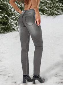 Calças legging femininas de inverno em denim elástico com forro térmico, confortáveis e quentes, ideais para atividades ao ar livre e para o Natal. - Cinza médio - Ver 2