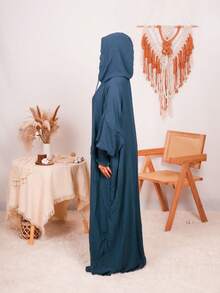 女士纯色穆斯林长袍，中东斋月时尚长袍，适合日常穿着，四季皆宜，无弹力面料 - 藏蓝色 - 查看 6