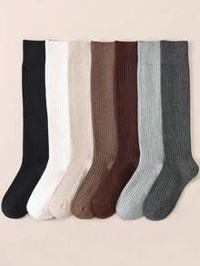 1 Pair Women's Cotton Solid Color Ribbed Knee High Socks, Fashionable Minimalist School Style - Multicolor - View 1