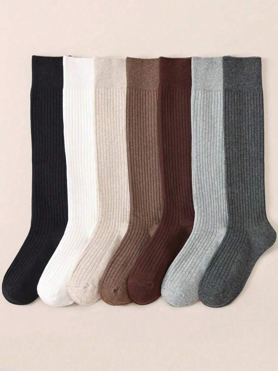 1 Pair Women's Cotton Solid Color Ribbed Knee High Socks, Fashionable Minimalist School Style - Multicolor - View 1