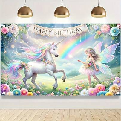 1pc Fairy Princess Birthday Party Decoration Banner, Unicorn Photo Backdrop, Home Decor, Party Supplies, Birthday Banner Decor, Photo Booth Props, Birthday Cake Table Accessories