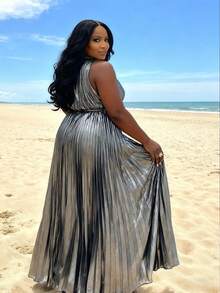 Plus Size Women Pleated Design Sleeveless Party Cocktail Dress - Silver - View 2