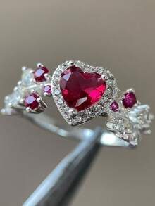 精美银色仿魔幻神秘托帕石戒指，女士时尚婚礼订婚新娘承诺珠宝单钻戒指生日周年纪念礼物 - 玫紅色 - 查看 2