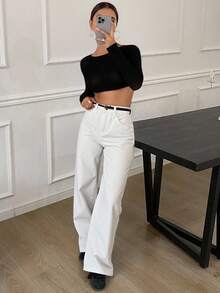 Livesso Vintage Washed Destroyed Bootcut Loose Fit Long Jeans,Back To School Clothes - White - View 3