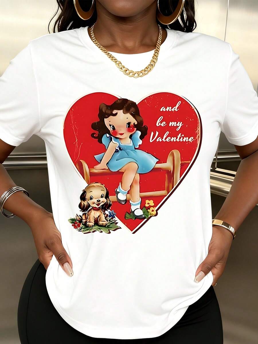 Valentine T Shirt  Heart Girl And Dog Be My Valentine Print For Valentine's Day - trắng - Xem 1