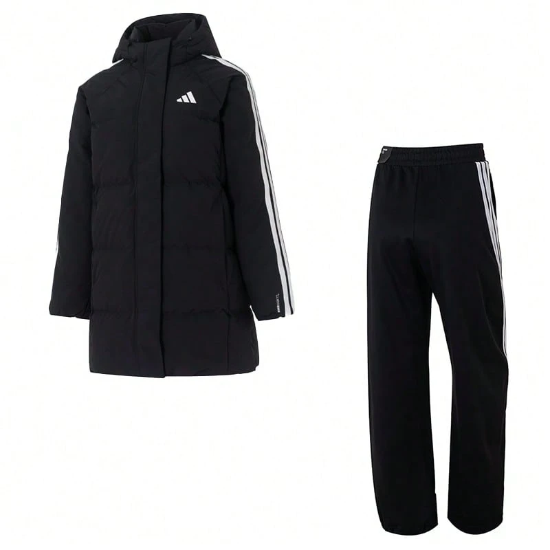 Adidas [Women's Sports Suit] W 3S MID D JKT Down Jacket (80% Duck Down Content) Loose Fit + W 3S MID D JKT Knitted Sweatpants For Fitness, Sports, And Running - Black - View 1