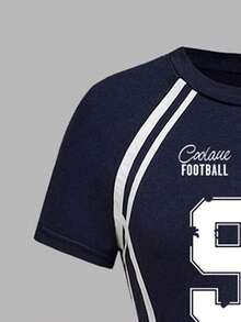 Tween Girls' Numeric Print Asymmetric Shoulder Short Sleeve Top And Pants Set - Royal Blue - View 4