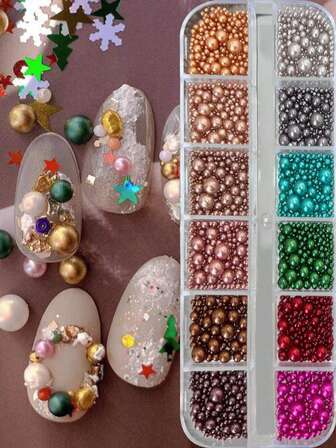 12 Grids Maillard Flat Back Pearls Nail Art Charms,1 Box 12 Colors Christmas Nail Gems Flatback Mixed Colors Small Half Round Pearls For Nail Art Face Makeup Graduation Cap Decorations DIY And Craft