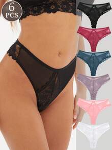 6pcs Women's Floral Lace Low Waist Sexy Thong Panties, Comfortable And Fashionable - Multicolor - View 3