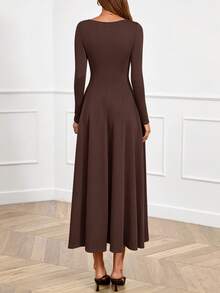 Women Fall Dresses Boat Neck Long Sleeve High Waist A-Line Flowy Knit Party Maxi Dress Spring Autumn Evening Formal Wedding Party Valentine Long Dress Outfits - 深棕色 - 查看 3