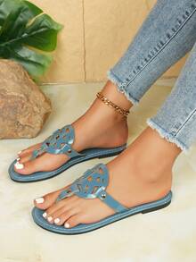 Sandali piatti lucidi bianchi casual e minimal chic versatili da donna, sandali piatti lucidi neri da donna, sandali piatti lucidi blu da donna, sandali piatti marroni, con strass, con perline, per casa, comodi, per lo shopping, per l'esterno, taglie forti, da spiaggia, estivi, slip-on, con motivo rotondo traforato, punta tonda, infradito piatti - Blu - Visualizzare 2