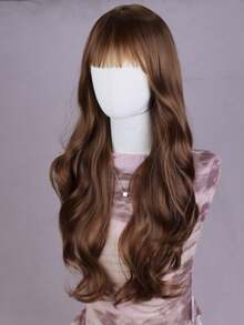 棕色假发，带刘海，长款波浪卷曲合成耐热纤维假发，适合日常派对佩戴（26英寸） - 彩色 - 查看 3
