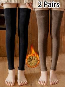 1 Pair/2 Pairs Women Thick Thermal Lined Leg Warmers, Soft Comfortable Everyday, Solid Color Over-The-Knee Leg Warmers, Suitable For Home, Sports, Sleep, Autumn/Winter