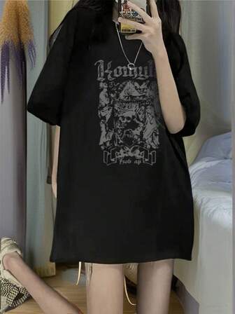 女士新款字母骷髅印花圆领宽松休闲百搭 T 恤，夏季