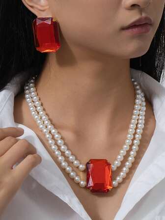 3件套简约仿珍珠五角星耳环项链套装