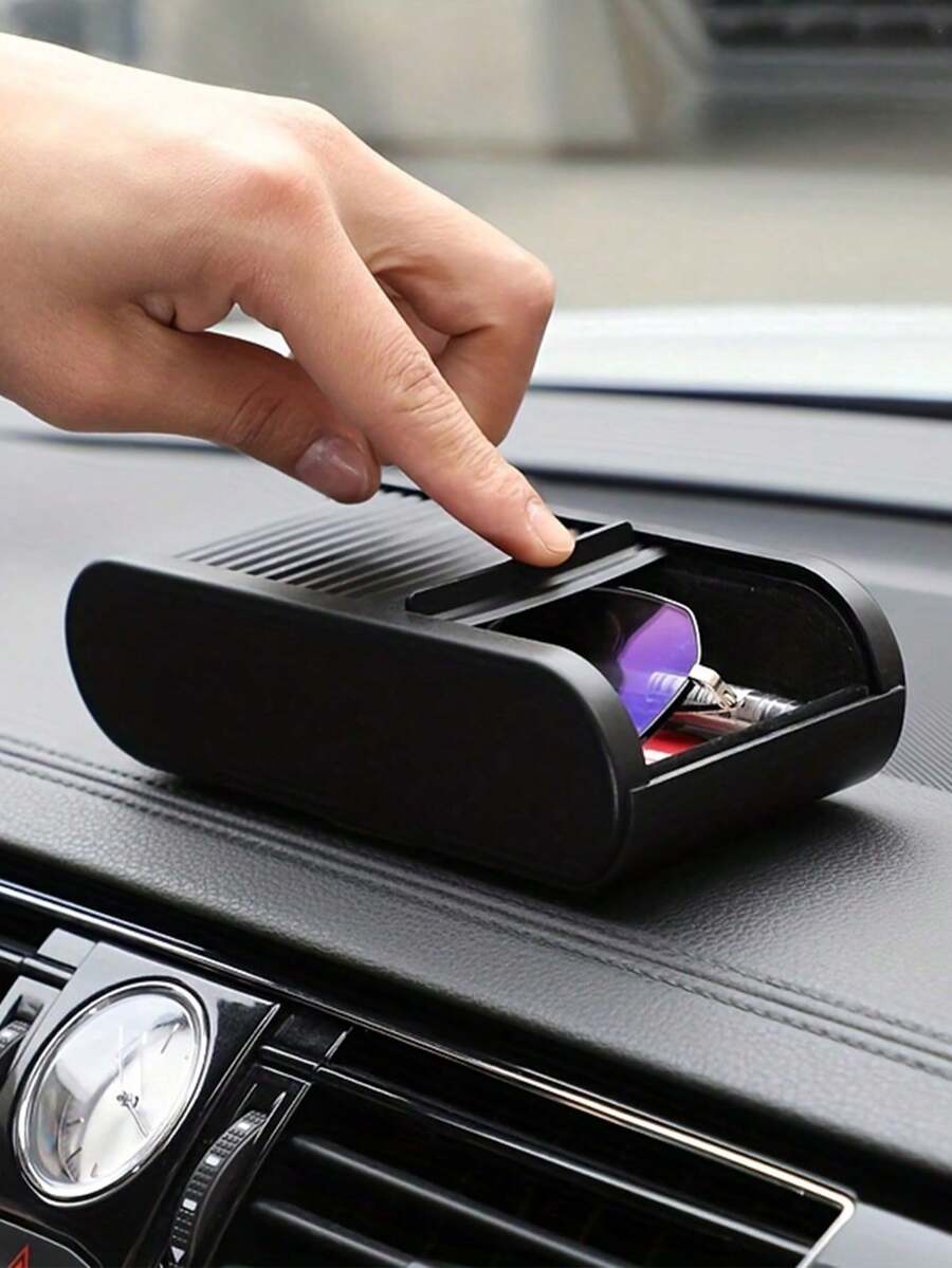 1pc Black ABS Plastic Car Interior Storage Box With Lid, Dashboard Coin Box, Auto Accessories