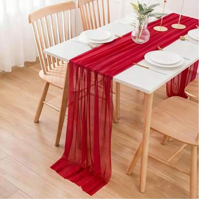 Camino de mesa de gasa roja y cenefa - Adecuado para el Día de San Valentín, citas, fiestas de bodas, decoración de mesa