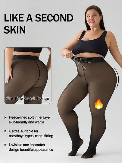 1pc Plus Size Women's Warm Semi-Sheer Lined Thermal Leggings, Warm Tights, High Stretch Skin-Friendly Thermal Pants