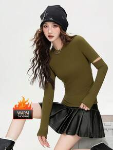 女士双面植绒镂空设计打底衫，多功能加厚长袖衬衫，2025冬季款 - 230薑黃色 - 查看 1