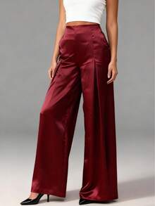 Women's Casual & Commuting Solid Color Satin Side Pocket Elastic Waist Wide Leg Pants Spring - Burgundy - View 3