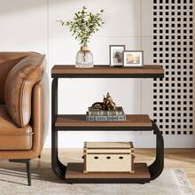 Small End Table, Nightstand, 3 Tier Narrow Side Table Industrial Vintage With Metal Frame, Accent Table For Living Room, Bedroom, Small Spaces - 棕色+黑色 - 查看 7