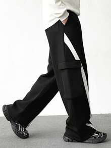 男士黑色工装运动裤，饰有白色条纹，宽松街头风裤 - 黑色 - 查看 3