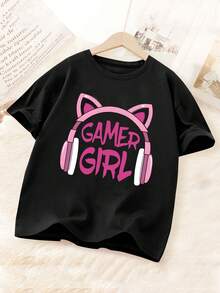 Girls Short Sleeve T-Shirt, Letter & Headphone Print, Casual & Fashionable Style, Girls Clothing, Children Apparel - Black - View 3