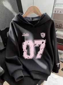 1pc Tween Girl Thermal Lined Warm Sweatshirt With 07 Print, Warm Young Student Clothing, Suitable Autumn/Winter Long Sleeve Top - Dark Grey - View 3