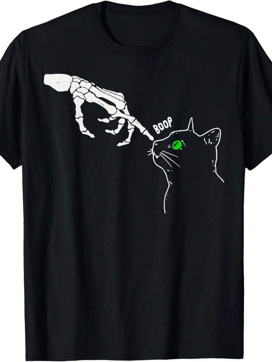 Skeleton Hand Boop On A Cats Nose Funny Halloween Graphic T-Shirt - 黑色 - 查看 1