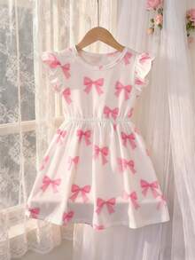 Girls Casual Outdoor Fashionable Cute Versatile Bow Allover Print Round Neck Cap Sleeve Fitted Dress, Spring/Summer - White - View 7