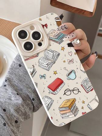 1pc Fashionable & Unique Book, Bow, Glasses, Artistic Pattern Liquid Soft Edge Phone Case, Compatible With IPhone 16/16Pro/16Plus/15/15ProMax/15Pro/11/12/13/14ProMax/11Pro/11ProMax/12Pro/12ProMax/13Pro/13ProMax/14Pro/14ProMax, Creative & Elegant