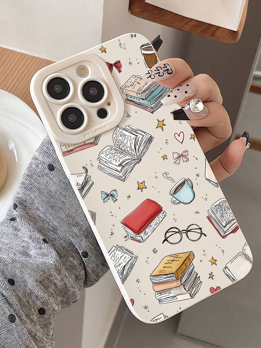 1pc Fashionable & Unique Book, Bow, Glasses, Artistic Pattern Soft Phone Case, Compatible With IPhone 16/16Pro/16Plus/15/15ProMax/15Pro/11/12/13/14ProMax/11Pro/11ProMax/12Pro/12ProMax/13Pro/13ProMax/14Pro/14ProMax, Elegant & Creative - Multicolor - View 1