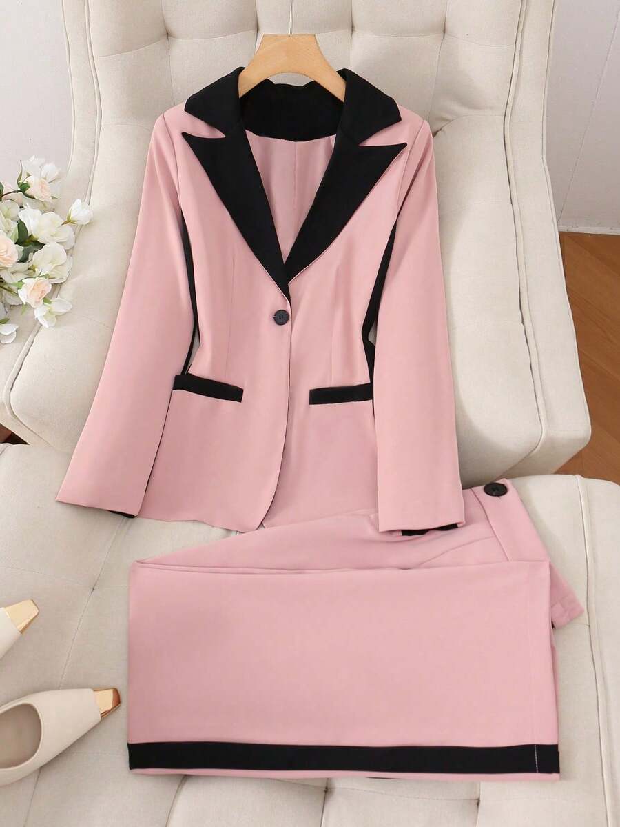 Solid Color Single Button Long Sleeve Single-Breasted Waistcoat Suit Pants Two-Piece Set - 藕粉色 - 查看 1