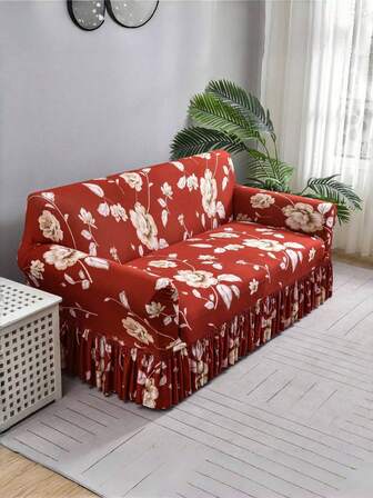 1pc Slip-Resistant Elastic Decorative Sofa Cover, Milk Silk Fabric Floral Print Skirt Style Sofa Slipcover For Single/Double/Three/Four Seater Sofa, Pet-Proof, Colorful, Suitable For Spring, Summer, Autumn, Winter