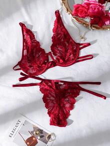2pcs/Set Women's Sexy Lingerie, Semi-Transparent Lace Bra With Underwire And Panties - Burgundy - View 4