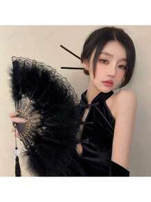 1PC Retro Palace Style Lace Fan, Gorgeous Retro European Rose Folding Fan, Tea Party Dark Manga Exhibition Photography Prop, Photo, Birthday, Valentine's Day, Party Photography Prop (No Pendant) - Multicolor - View 11