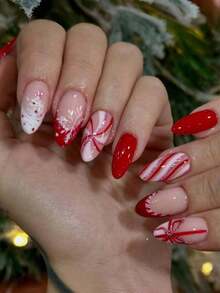 24PCS Almond Ribbon Red And White Love Little Rabbit Christmas Fake Nail Press On Nail