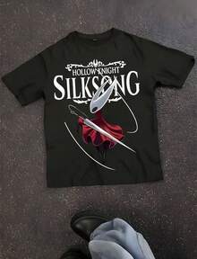 2025 Summer New Hollow Knight Silk Song Game Printed Graphic T-Shirt Men Women Short Sleeve T-Shirt High Quality Street - 黑色 - 查看 1