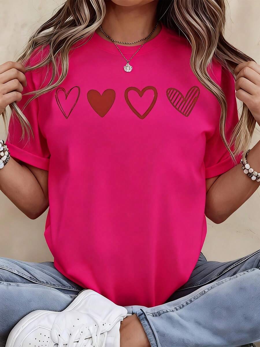 Heart Pattern Graphic T Shirt Women Casual Short Sleeve Top Valentine Day Wear White Cotton Tee - 粉色 - 查看 1