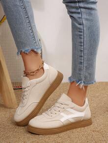 Women's Fashion New Spring/Autumn Flat Round Toe Outdoor Casual Sports Shoes, Geometric Patchwork Contrast Color Trainers, Comfortable Soft Sneakers Skateboard Shoes - Beige - View 5